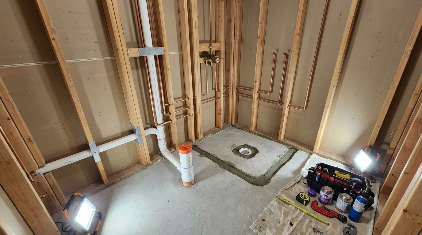 Bathroom rough-in plumbing during remodel by Johns Plumbing LLC in Gaston