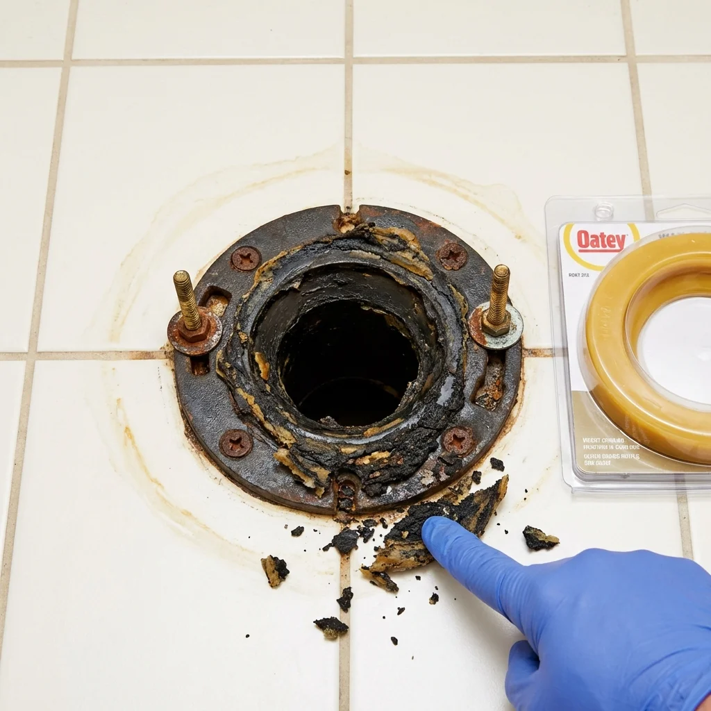 Failed wax ring showing water seepage at the base of a toilet in a Gaston, SC home