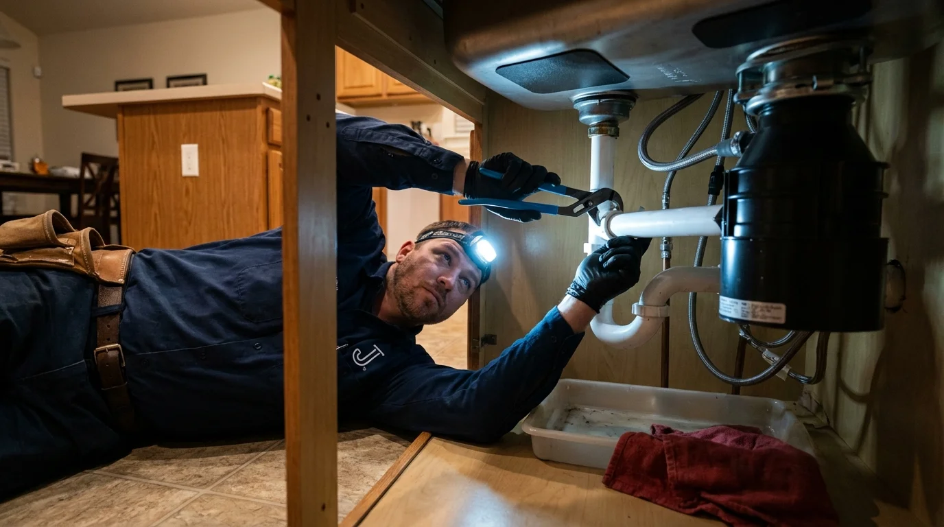 P-trap and supply line connections under a kitchen sink showing a common leak point in Gaston, SC